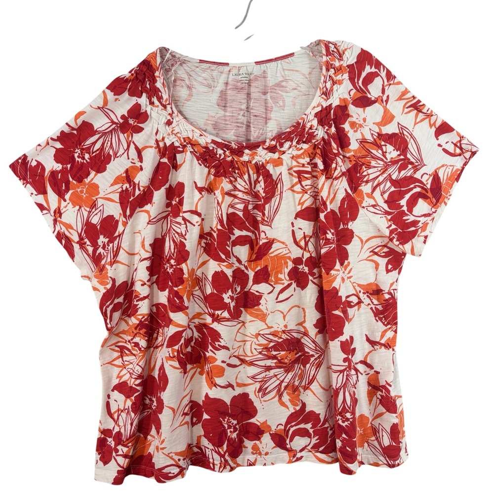 Laura Scott Floral Blouse Women 24-26W Red Orange White Braided Neck‎ Cotton Top
